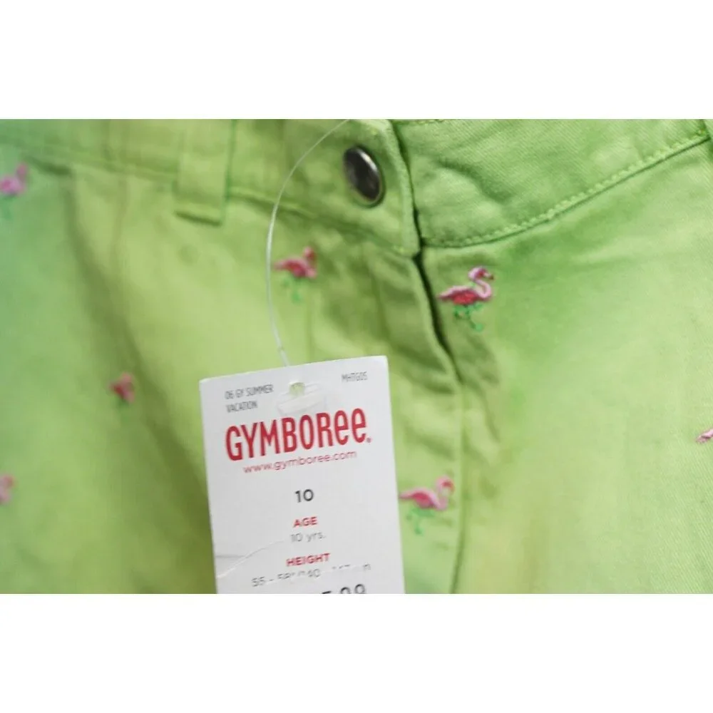 NWT 2006 Gymboree Island Fun Lime Green Shorts sz 10 Flamingo Embroider Bows